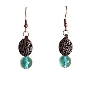 Aquamarine Glass and Filigree Copper Earrings Item #320